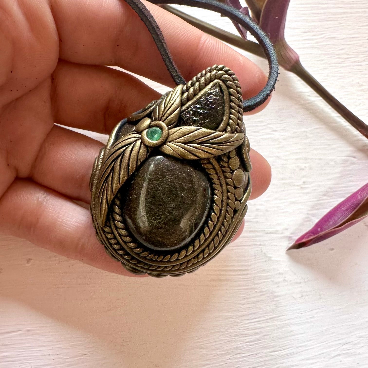 Gold Sheen Obsidian Moldavite and Emerald Necklace - FairyGardenGlow