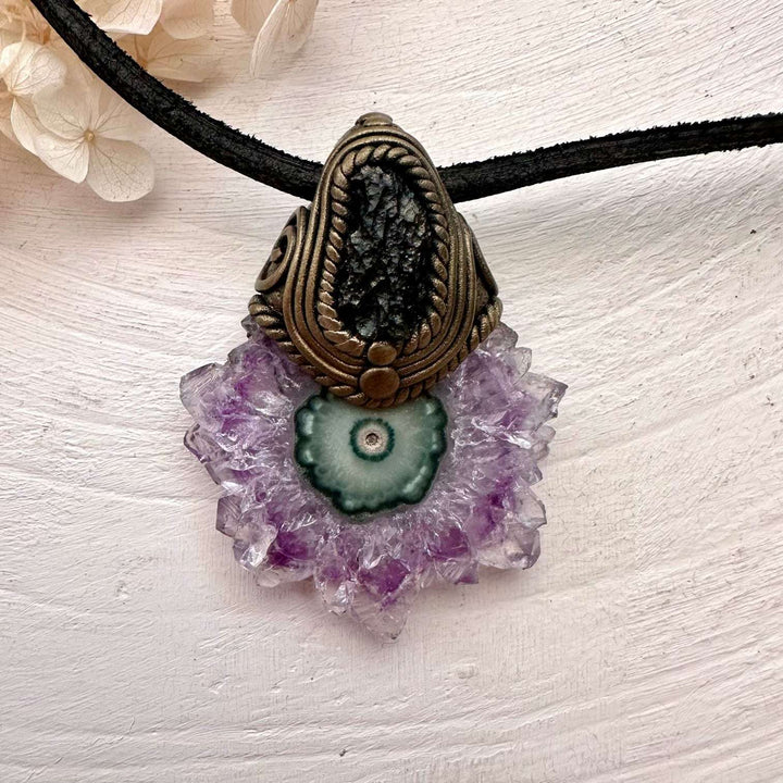 Amethyst Stalactite and Raw Moldavite Pendant Necklace - FairyGardenGlow