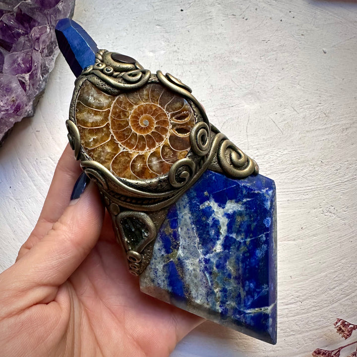 Lapis Lazuli Ammonite Cobalt Aura Quartz Moldavite and Black Onyx Wand / Meditation Focus - FairyGardenGlow