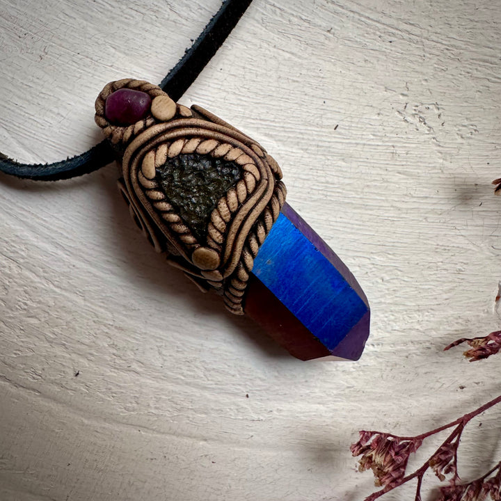 Cobalt Aura Quartz Moldavite and Ruby Pendant Necklace - FairyGardenGlow