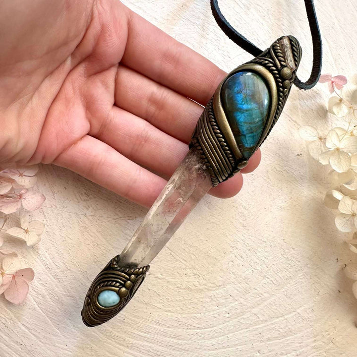 Lemurian Seed Quartz Labradorite Larimar and Imperial Topaz Crystal Wand / Pendant - FairyGardenGlow