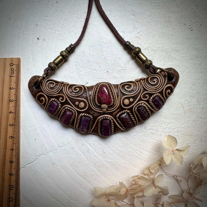 Thulite and Ruby Statement Necklace - FairyGardenGlow