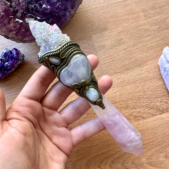 Lavender Fluorite Wand, Angel Aura Spirit Quartz, Rose Quartz Heart, Moonstone and Australian Opal Crystal Wand - FairyGardenGlow