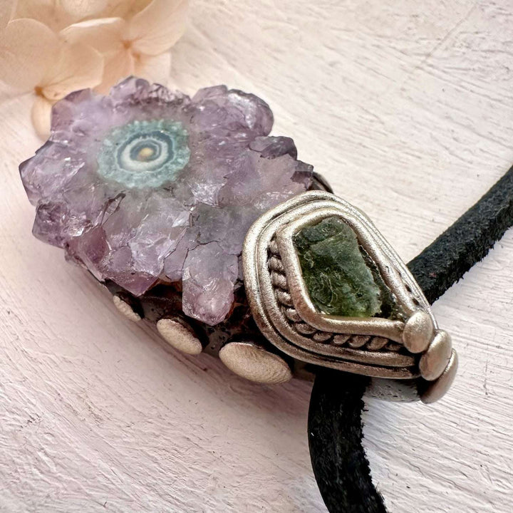 Amethyst Stalactite and Raw Moldavite Crystal Necklace - FairyGardenGlow