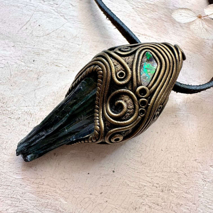 Vivianite and Boulder Opal Pendant - FairyGardenGlow