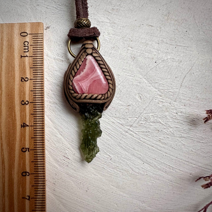 Moldavite and Rhodochrosite Necklace - FairyGardenGlow