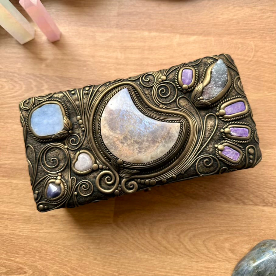 Handmade Wooden Box with Crystals – Moonstone Moon, Blue Chalcedony, Rose Quartz, Tanzanite, Charoite & Aqua Aura Spirit Quartz - FairyGardenGlow