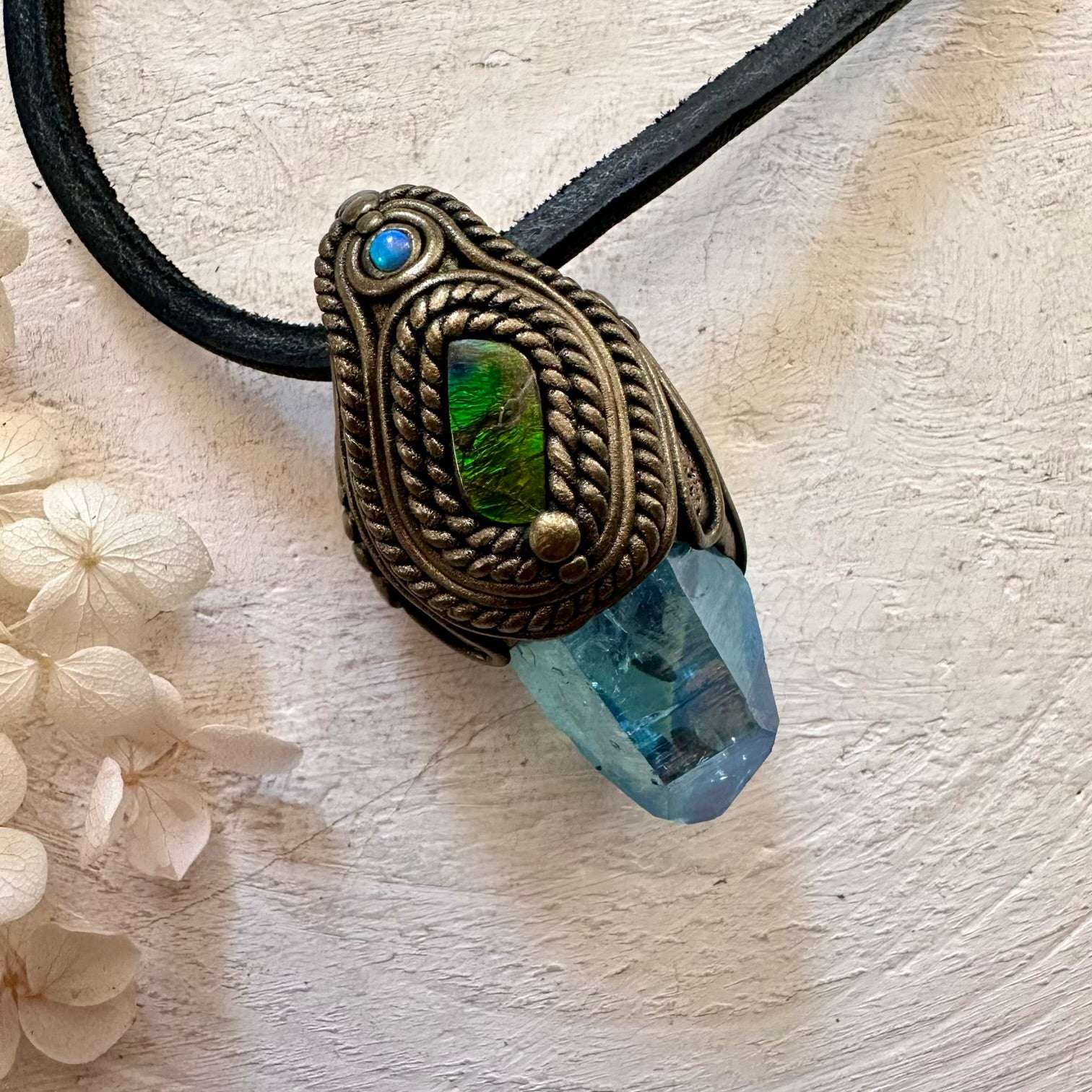 Aqua Aura Quartz Ammolite and Australian Opal Pendant Necklace - FairyGardenGlow
