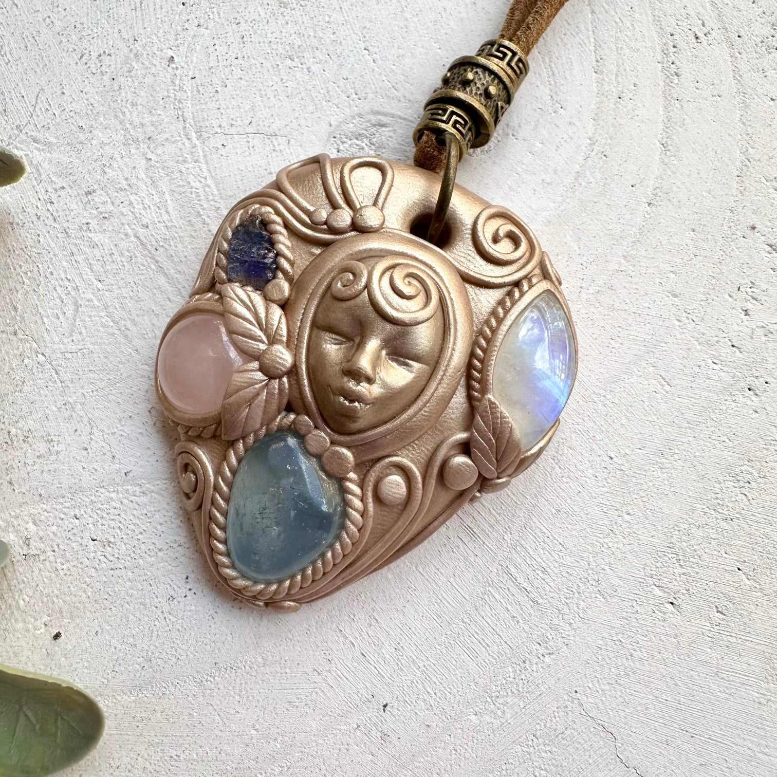 Natural gemstone goddess necklace with moonstone and celestite