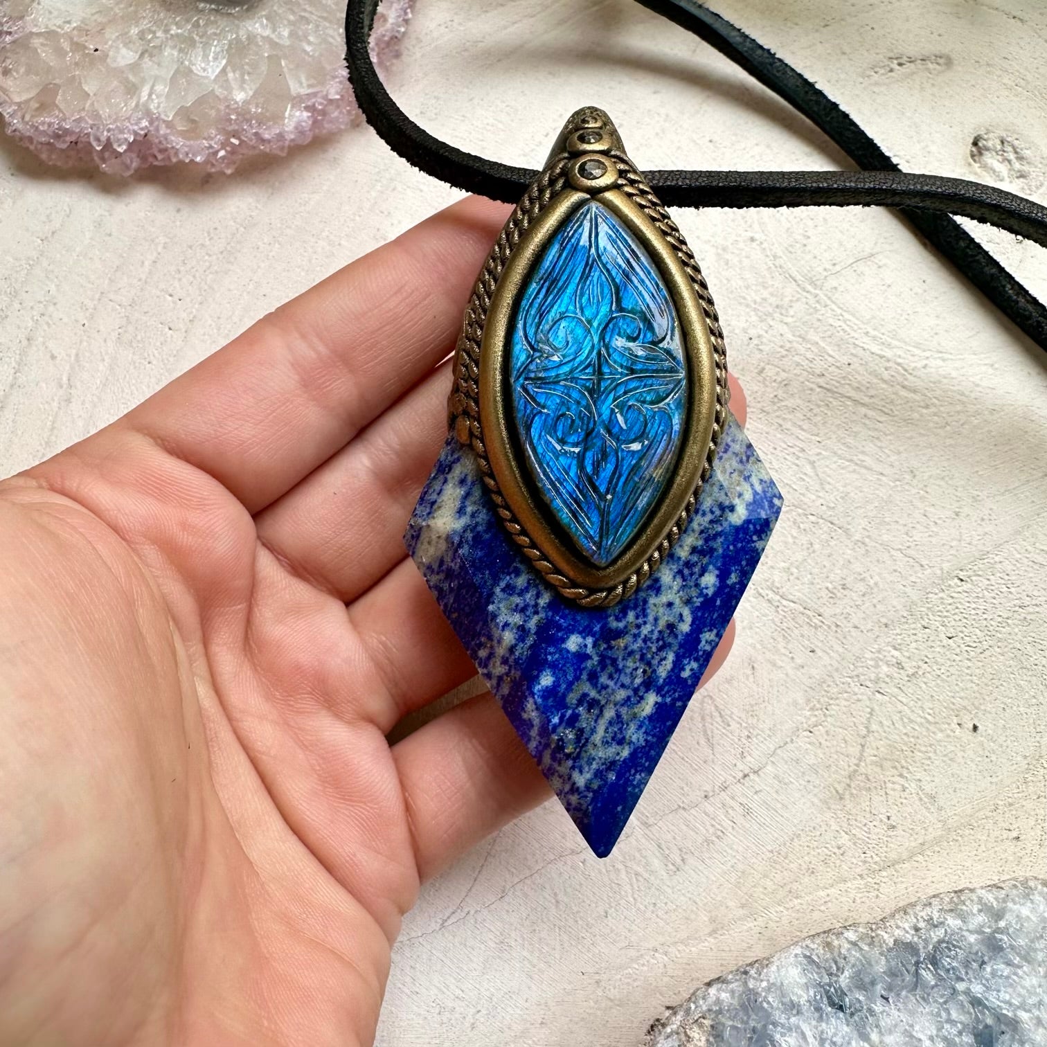 Lapis Lazuli Blue Curved Labradorite and Blue Sapphire Wand / Pendant Necklace
