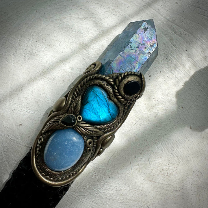 Black Obsidian Arrowhead with Aqua Aura Quartz Labradorite Heart Angelite and Smoky Quartz and Black Onyx Wand - FairyGardenGlow