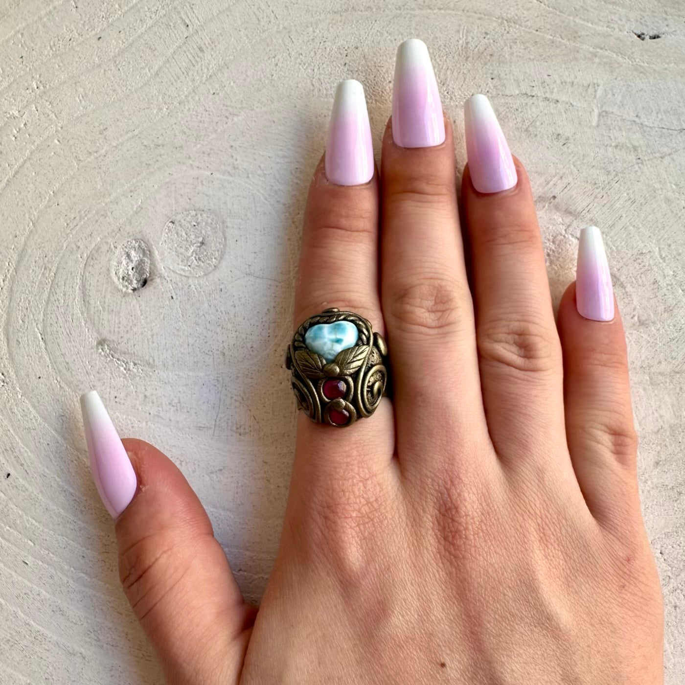 Larimar Heart and Rhodolite Garnet Ring