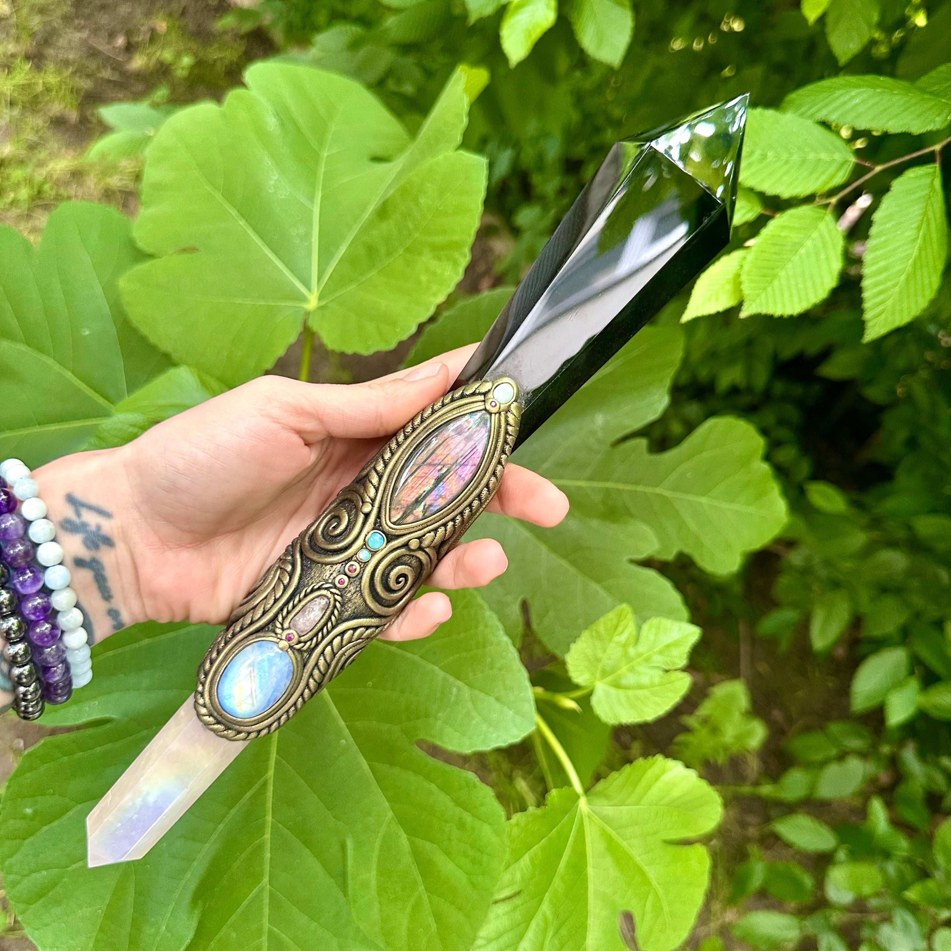 XL Black Obsidian Wand , Angel Aura Rose Quartz Labradorite Rainbow Moonstone Australian Opal Morganite Ruby Wand - FairyGardenGlow