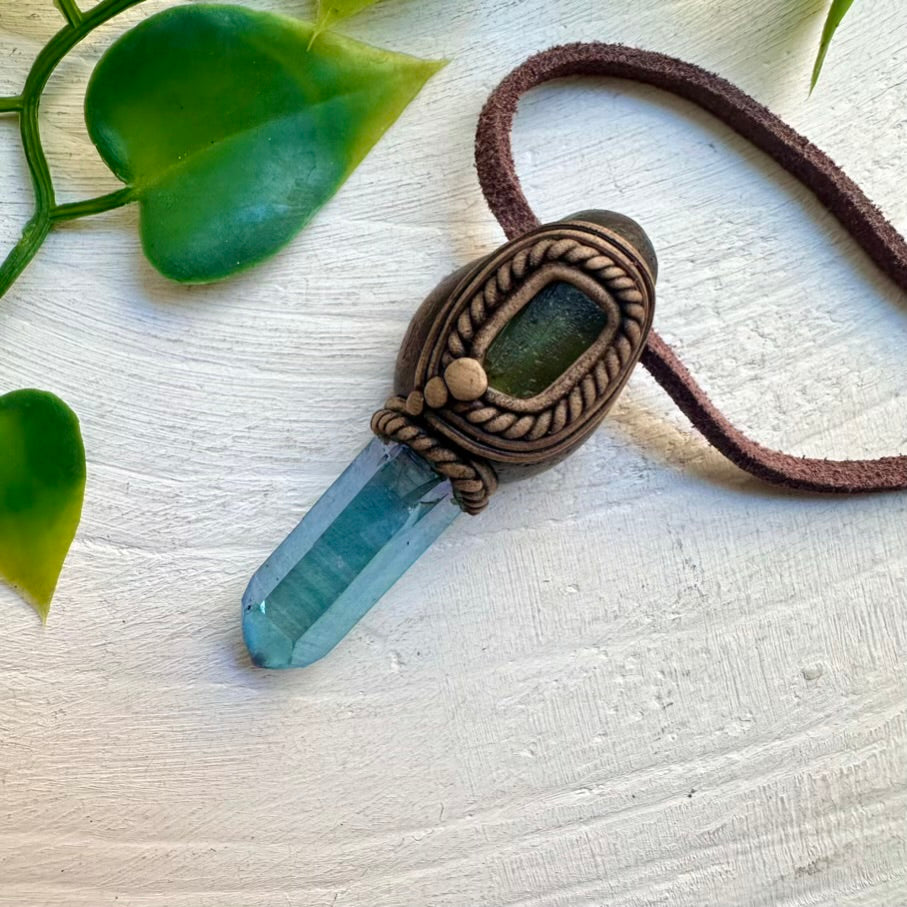 Anhänger aus Aqua Aura Quarz und Moldavit, Unisex-Kristallkette