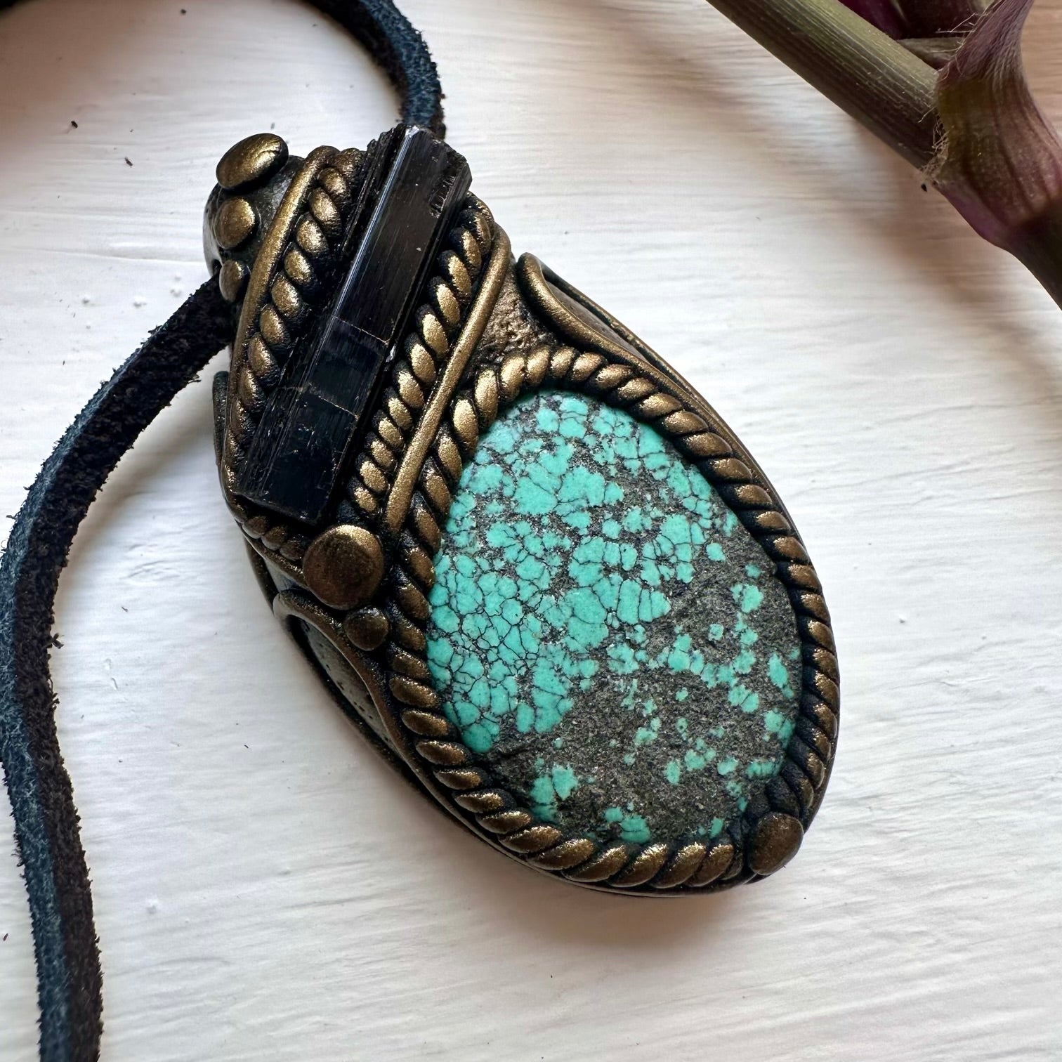 Turquoise and Black Tourmaline Pendant Necklace - FairyGardenGlow