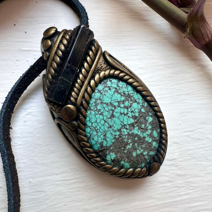Turquoise and Black Tourmaline Pendant Necklace - FairyGardenGlow