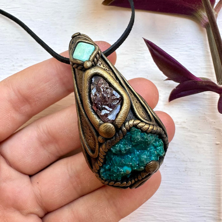 Raw Chrysocolla Red Garnet and Tibetan Turquoise Necklace - FairyGardenGlow