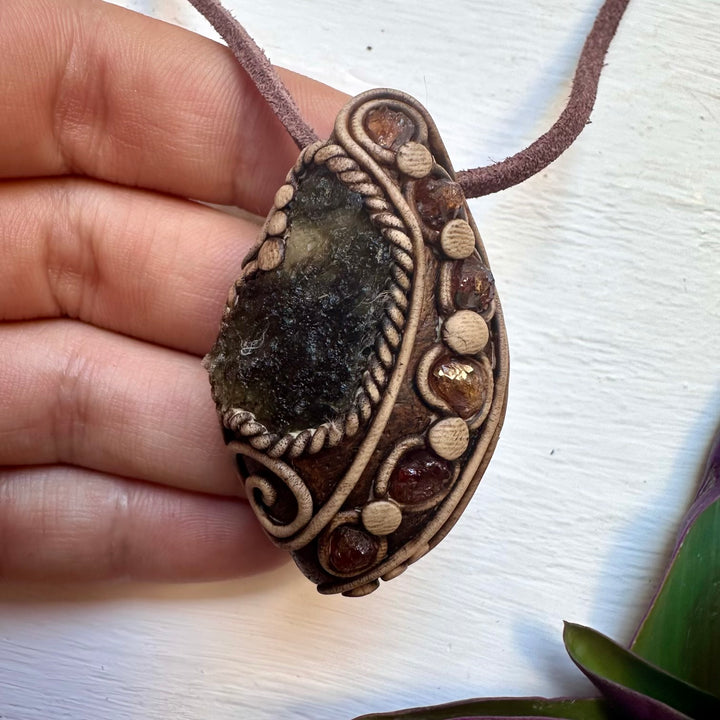 Moldavite and Hessonite Garnet Necklace, Unisex Crystal Jewelry - FairyGardenGlow