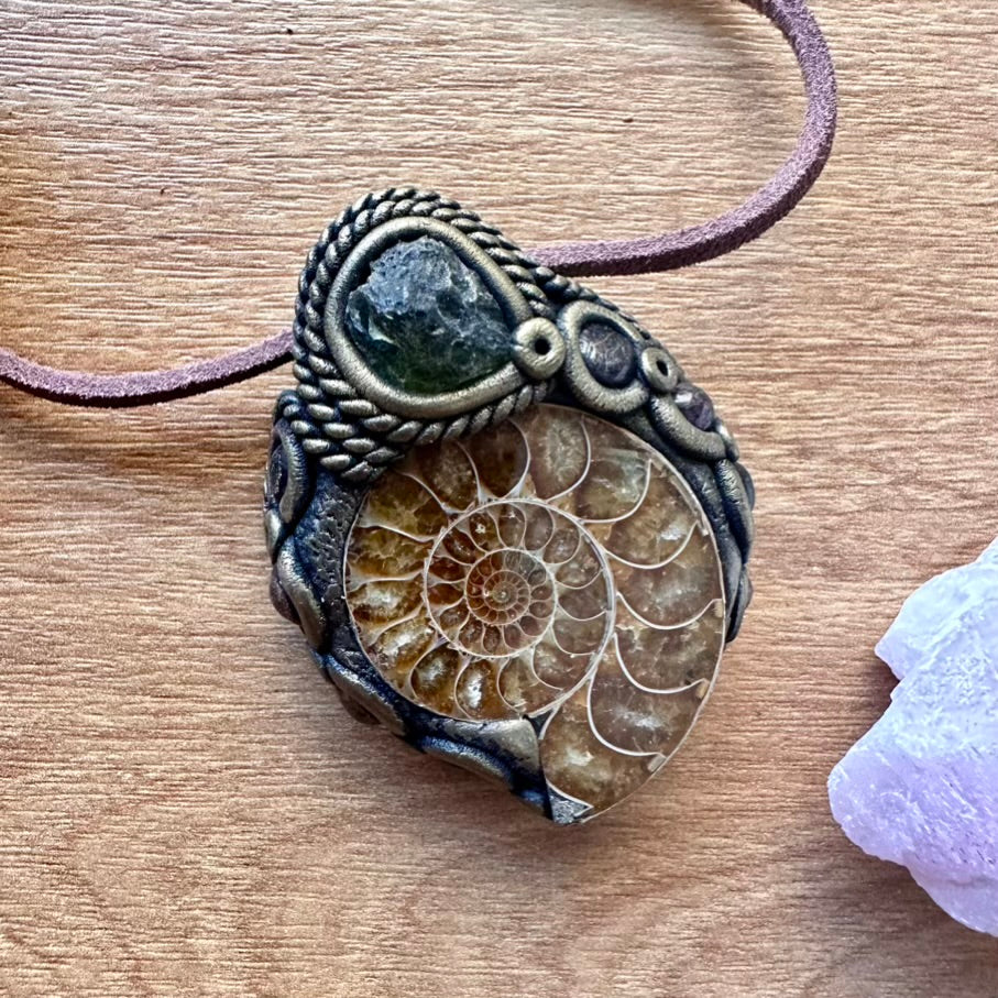 Ammonite Moldavite and Red Garnet Necklace - FairyGardenGlow