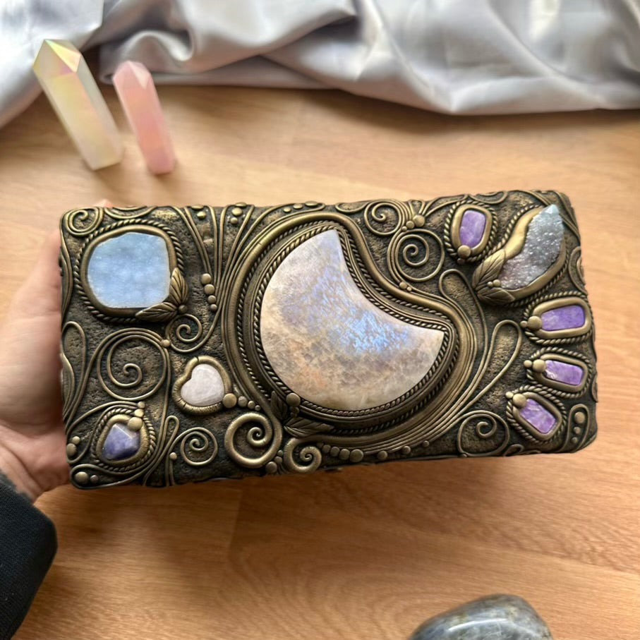 Handmade Wooden Box with Crystals – Moonstone Moon, Blue Chalcedony, Rose Quartz, Tanzanite, Charoite & Aqua Aura Spirit Quartz - FairyGardenGlow