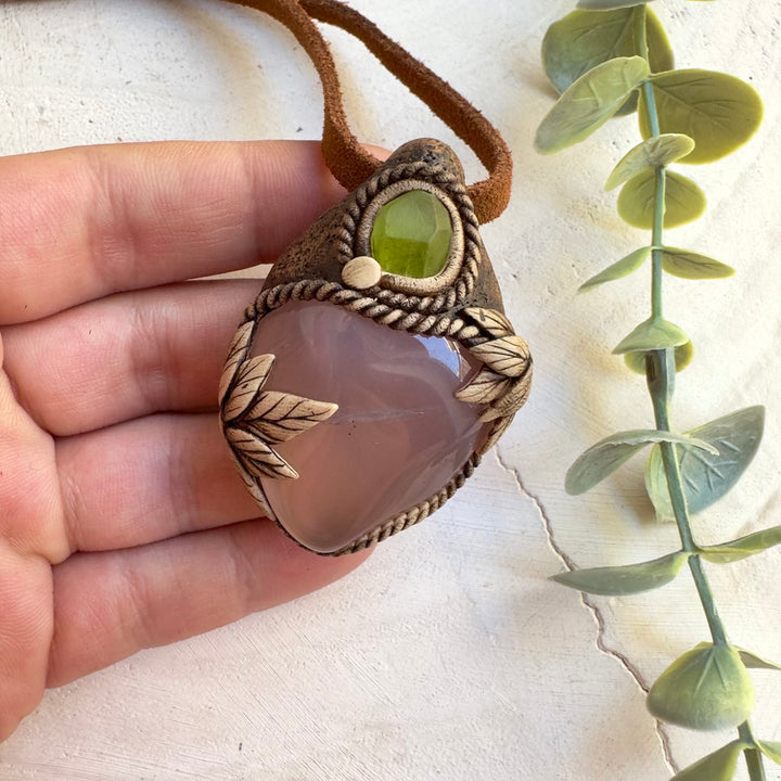 Pink chalcedony and peridot healing crystal jewelry