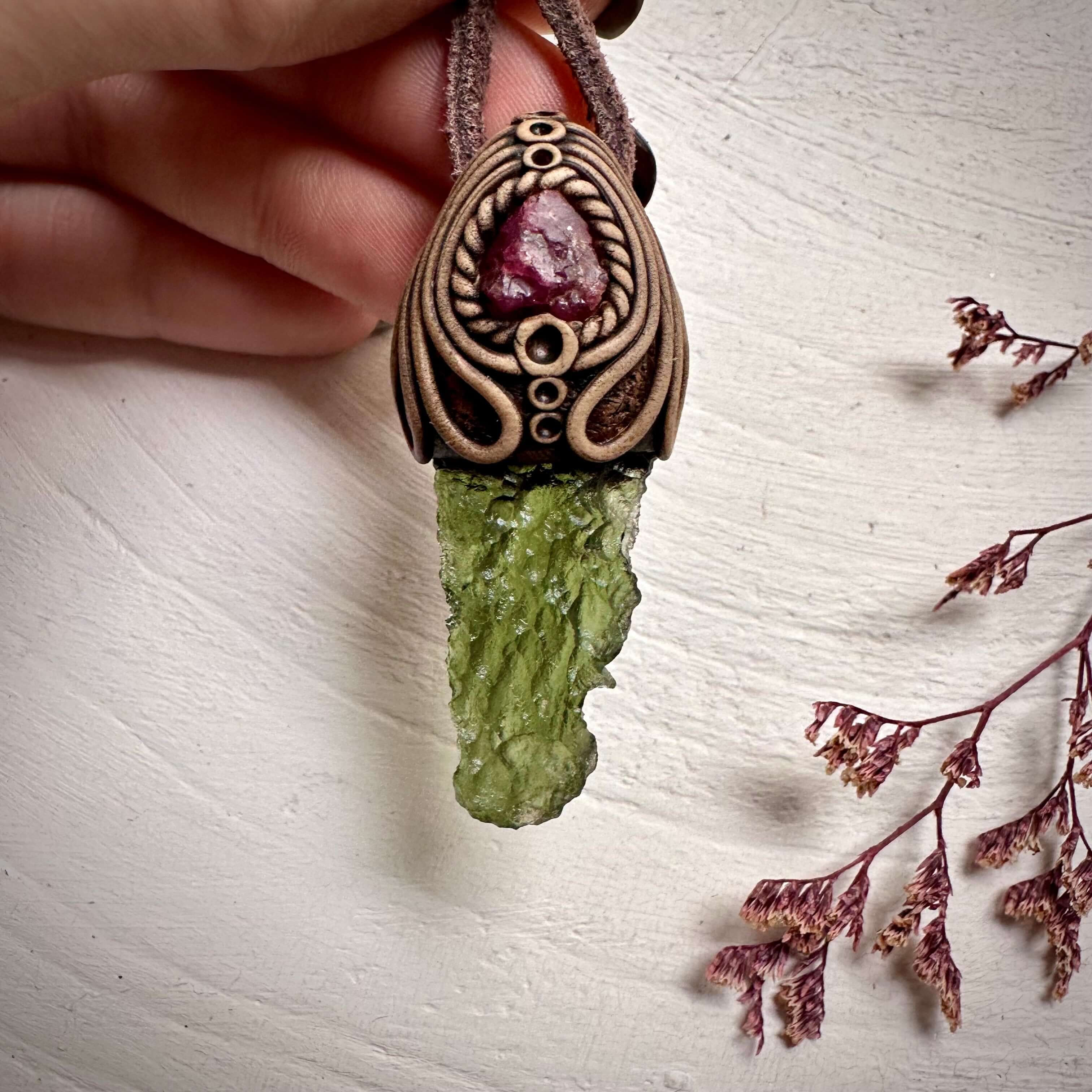 Moldavite and Raw Spinel Necklace - FairyGardenGlow