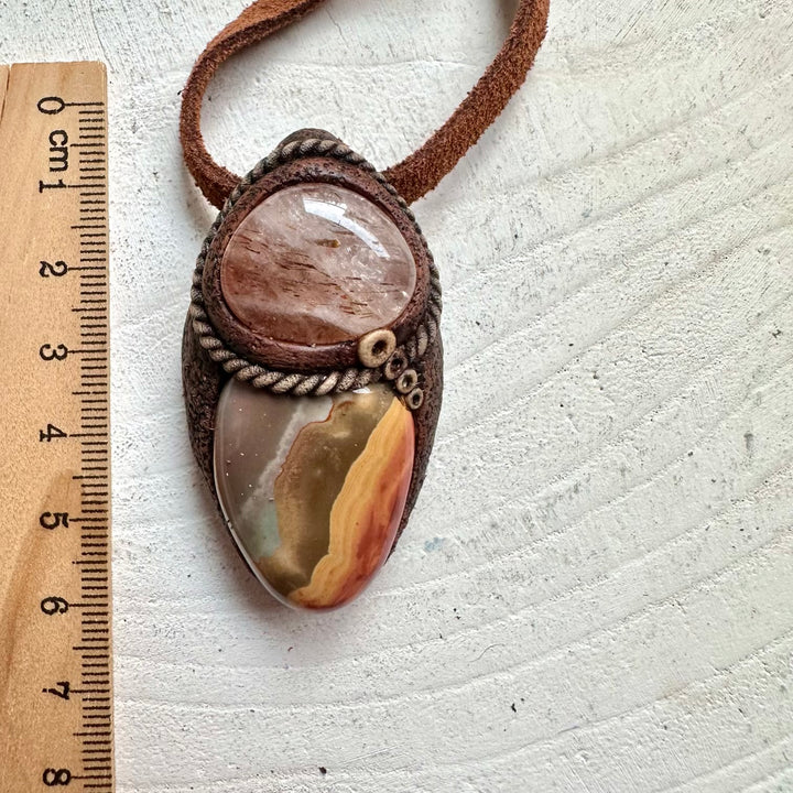 Natural healing crystal necklace with Polychrome Jasper and Hematite Quartz gemstones.