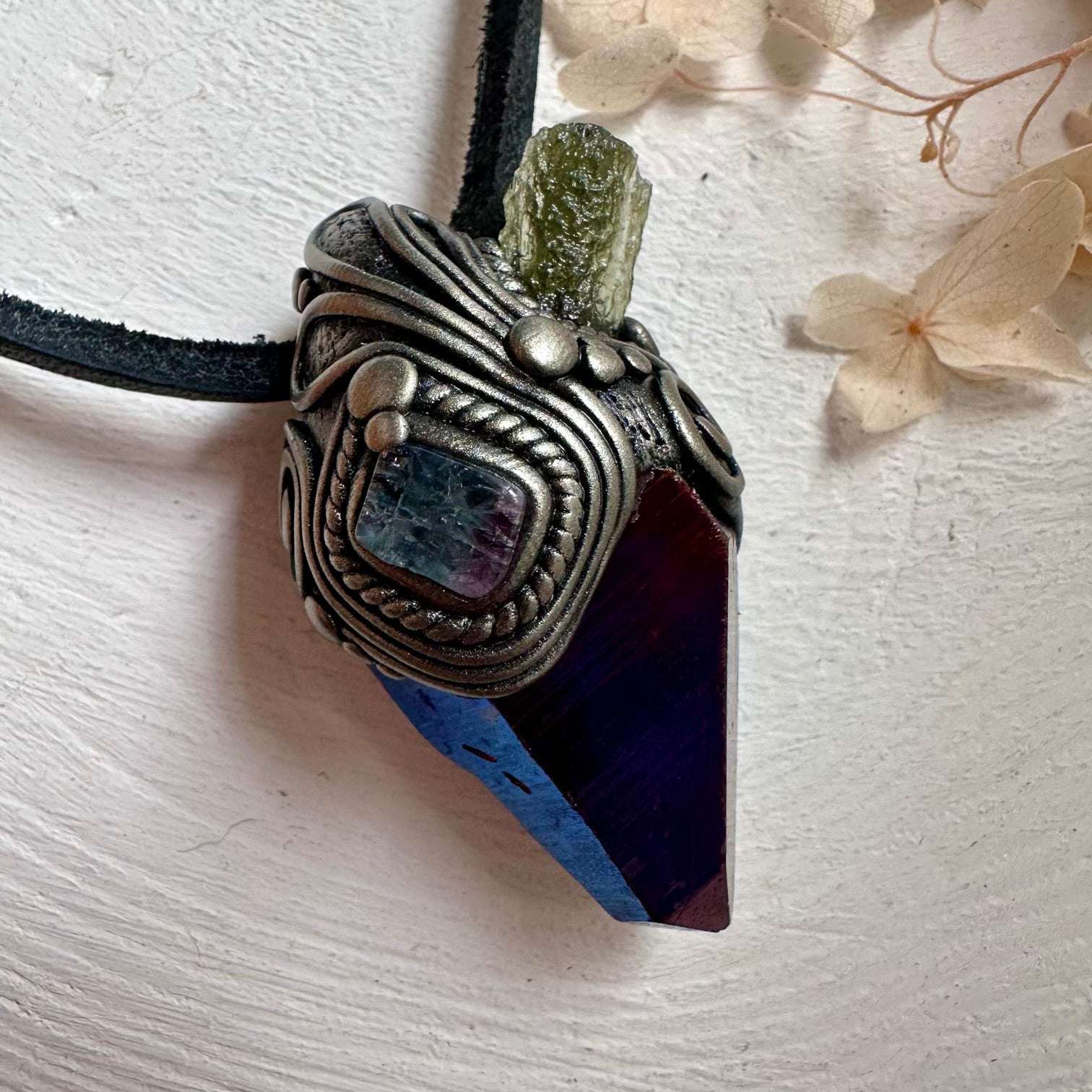 Cobalt Aura Quartz Moldavite and Bi Color Tourmaline Pendant Necklace - FairyGardenGlow