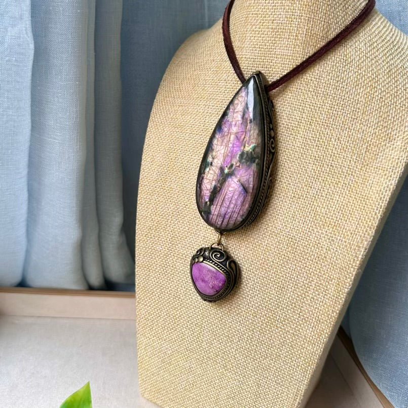 Large Labradorite and Stichtite Pendant Necklace, Statement Gemstone Jewelry FairyGardenGlow