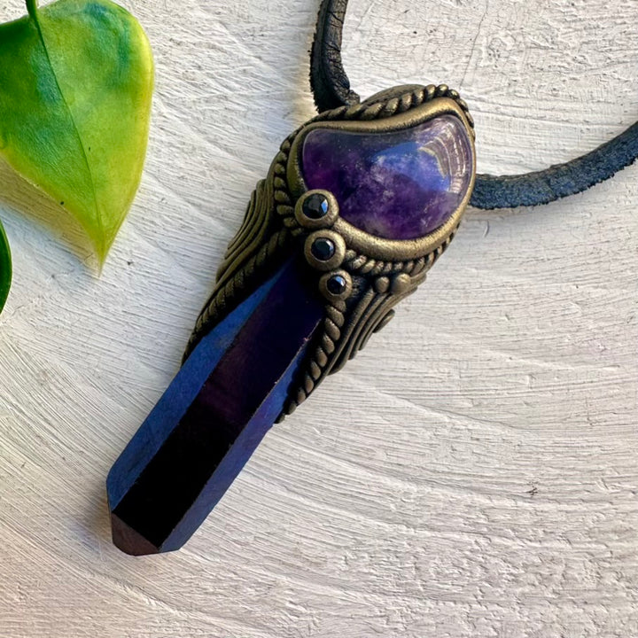 Boho necklace – Cobalt Aura Quartz, Amethyst moon and Sapphire stones