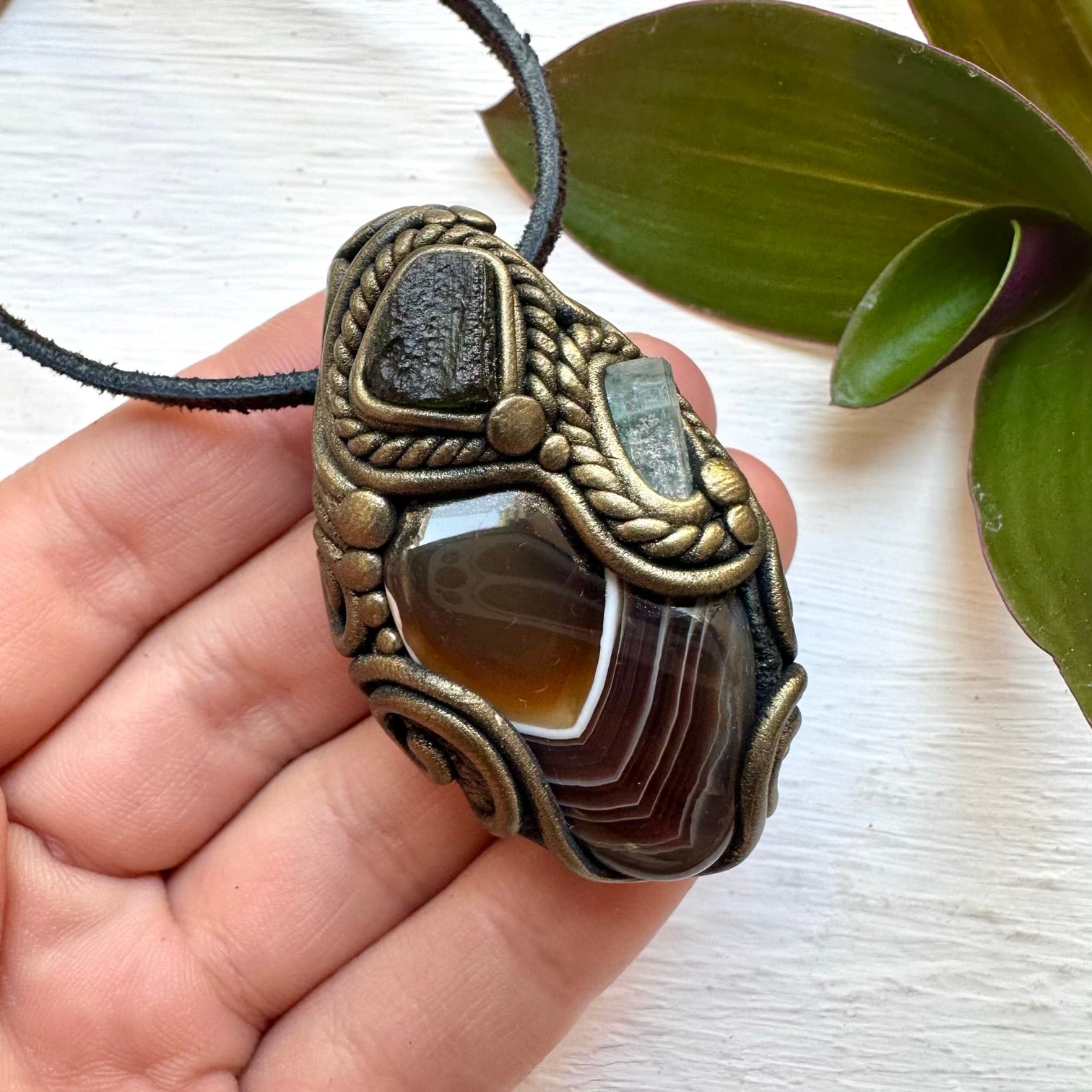 Botswana Agate Aquamarine and Moldavite Necklace, Handmade Crystal Jewelry - FairyGardenGlow