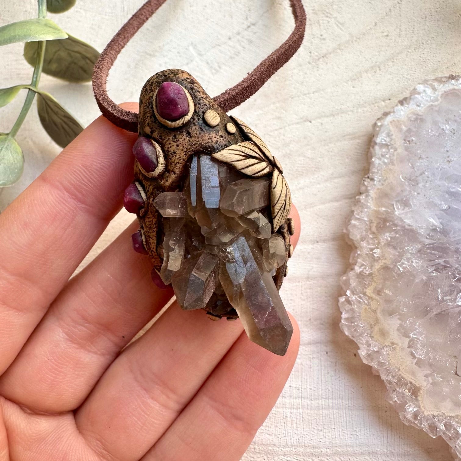 Smoky Quartz Cluster and Ruby Pendant Necklace