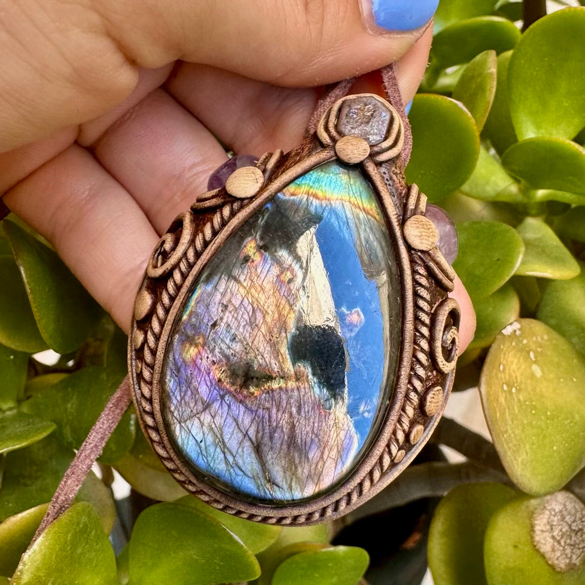 Labradorite Boulder Opal and Amethyst Necklace - FairyGardenGlow