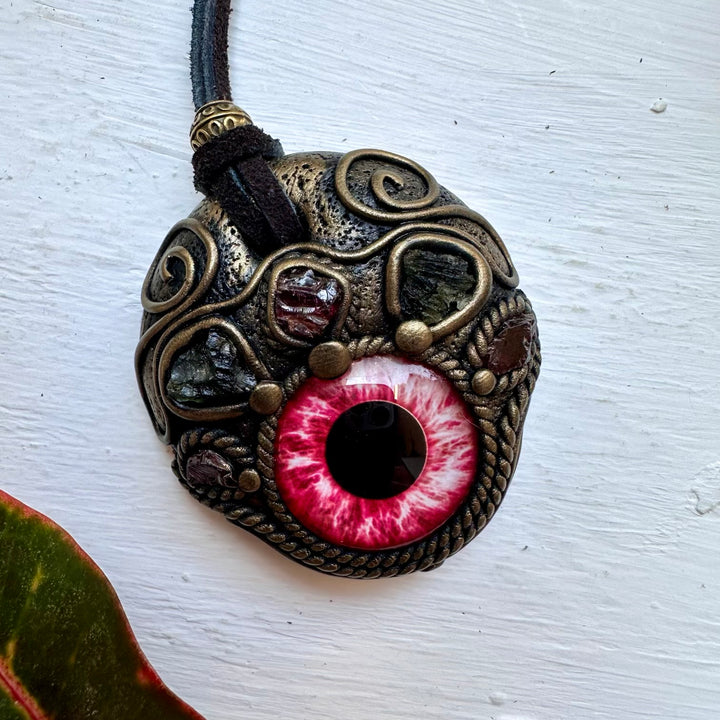 Moldavite and Garnet Eye Necklace - FairyGardenGlow
