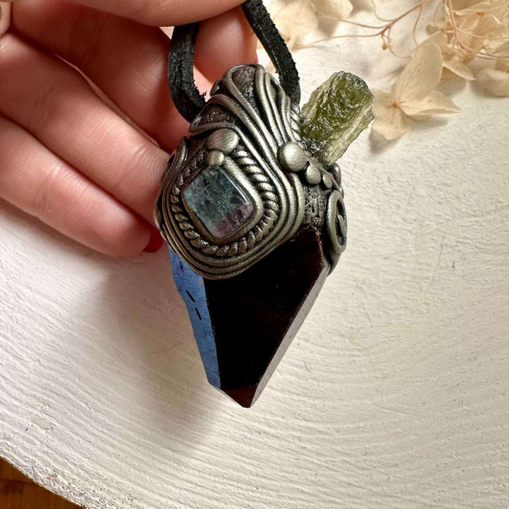Cobalt Aura Quartz Moldavite and Bi Color Tourmaline Pendant Necklace - FairyGardenGlow