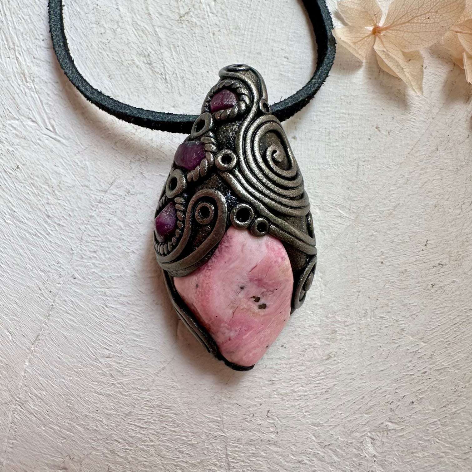 Peruvian Rhodonite and Ruby Crystal Necklace - FairyGardenGlow