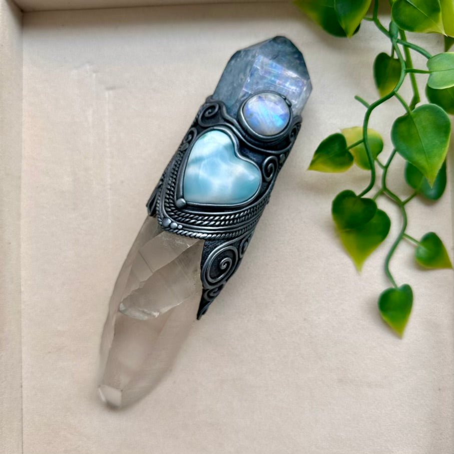 Large Healing Crystal Wand with Lemurian Seed Quartz, Aqua Aura Quartz, Larimar Heart and Rainbow Moonstone FairyGardenGlow
