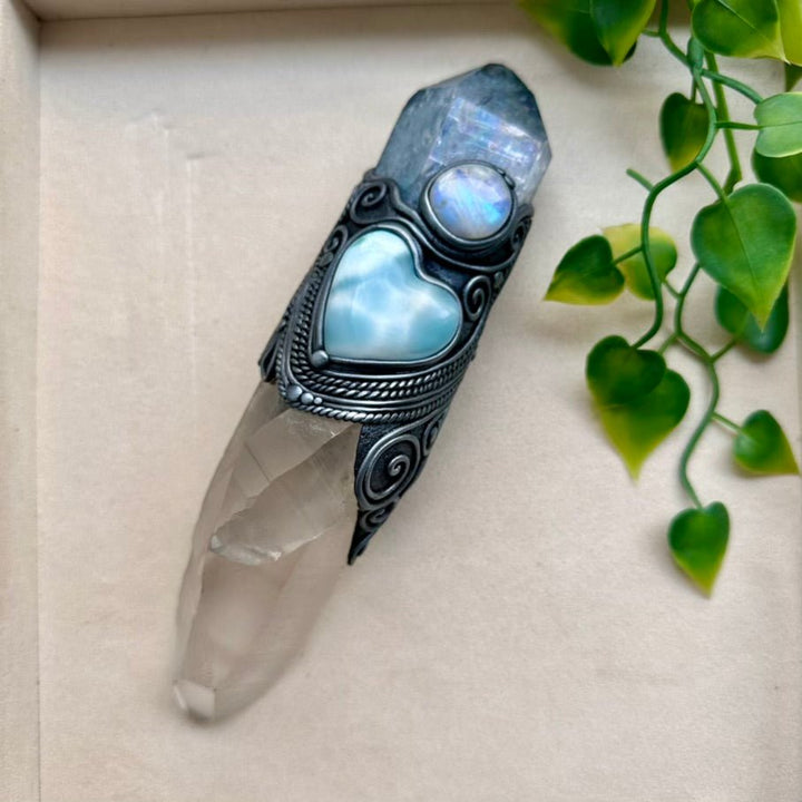 Large Healing Crystal Wand with Lemurian Seed Quartz, Aqua Aura Quartz, Larimar Heart and Rainbow Moonstone FairyGardenGlow