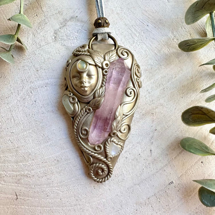 One of a kind crystal Goddess pendant with Vera Cruz Amethyst and a heart-shaped Moonstone.