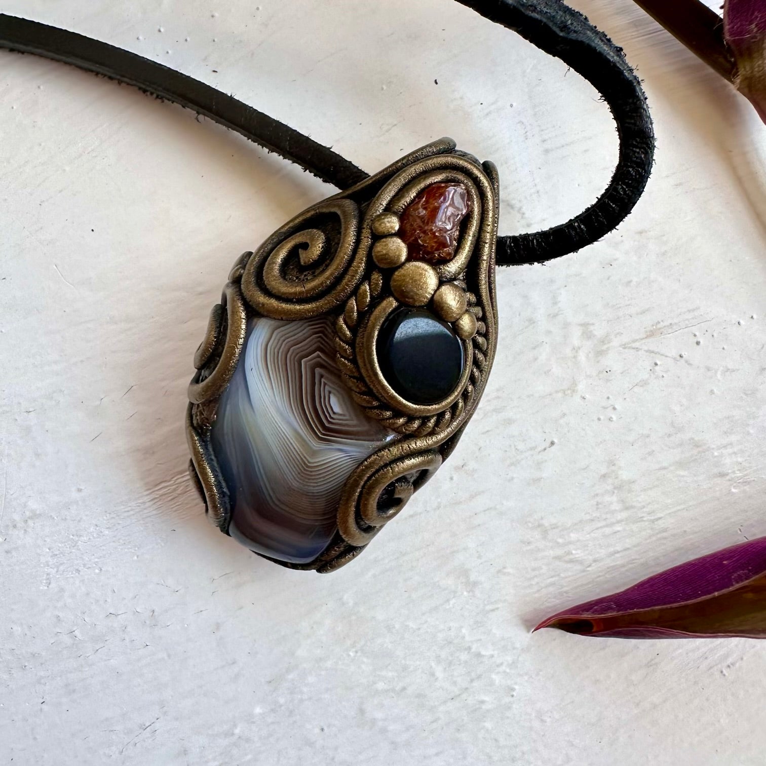 Botswana Agate Black Onyx and Hessonite Garnet Pendant Necklace - FairyGardenGlow