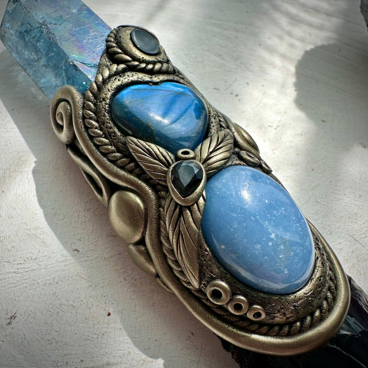 Black Obsidian Arrowhead with Aqua Aura Quartz Labradorite Heart Angelite and Smoky Quartz and Black Onyx Wand - FairyGardenGlow