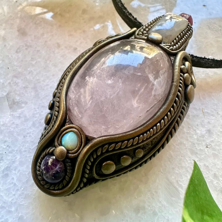 Rose Quartz Amethyst Rainbow Moonstone Ruby and Australian Opal Pendant, Healing Crystal Talisman - FairyGardenGlow