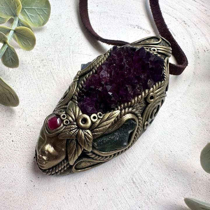 Amethyst Cluster Goddess Necklace with Moldavite, Tanzanite & Garnet – Spiritual Healing Crystal Jewelry