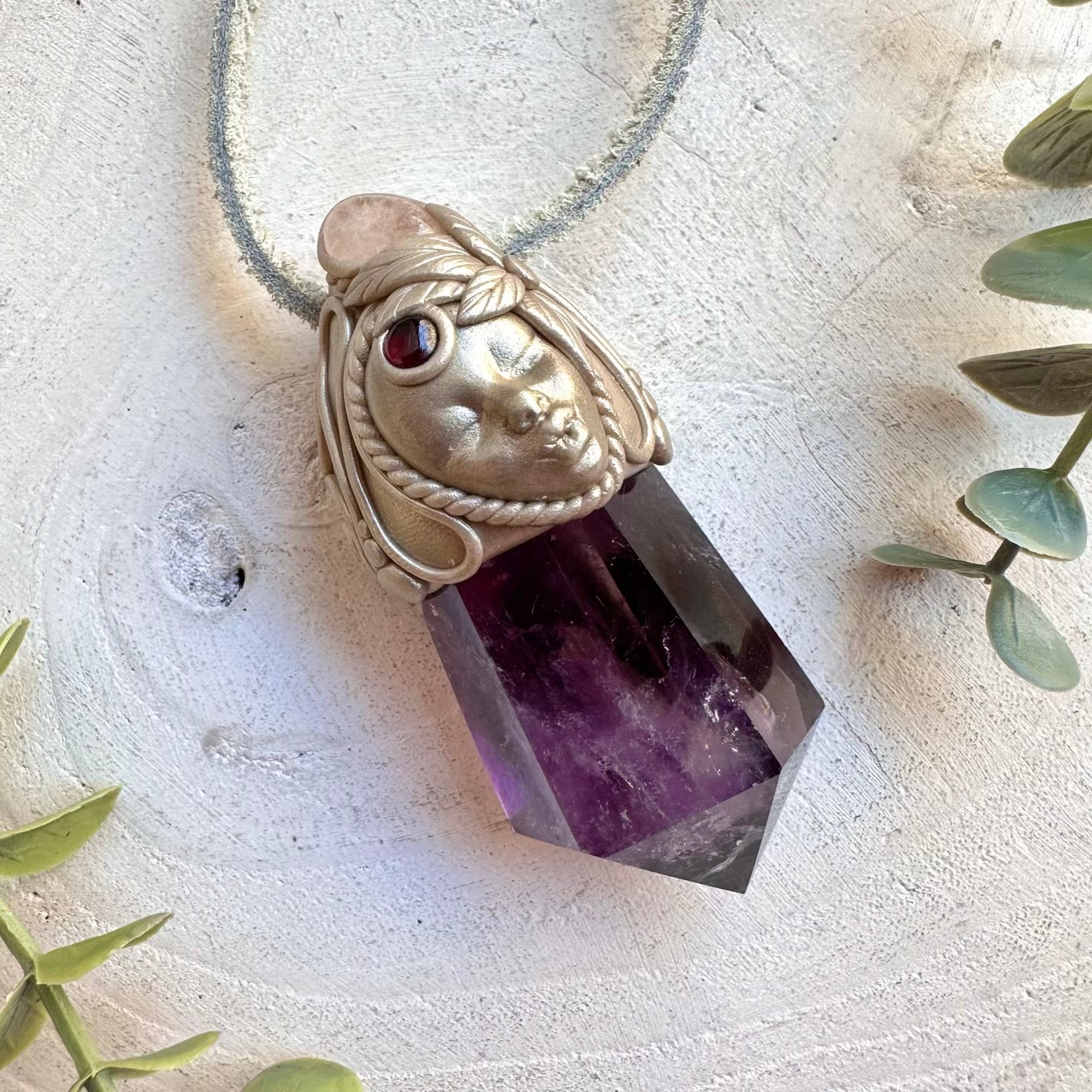 Amethyst Point Necklace with Morganite & Rhodolite Garnet – Goddess Crystal Wand Jewelry