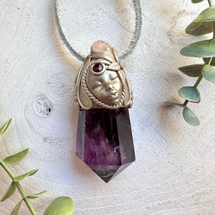 Amethyst Point Necklace with Morganite  – Goddess Crystal Wand Jewelry