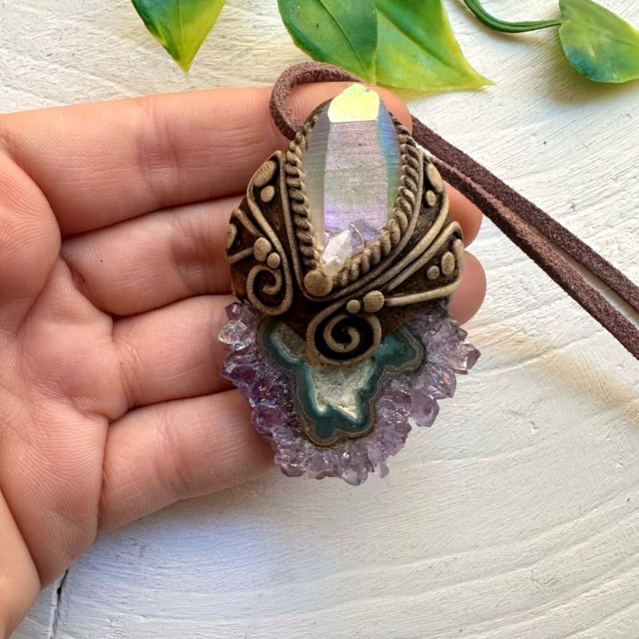 Amethyst Stalactite and Angel Aura Quartz Necklace, Spiritual Stone Jewelry - FairyGardenGlow
