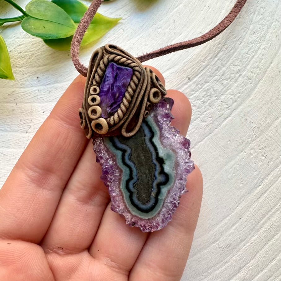 Amethyst Stalactite and Charoite Necklace, Healing Crystal Jewelry - FairyGardenGlow