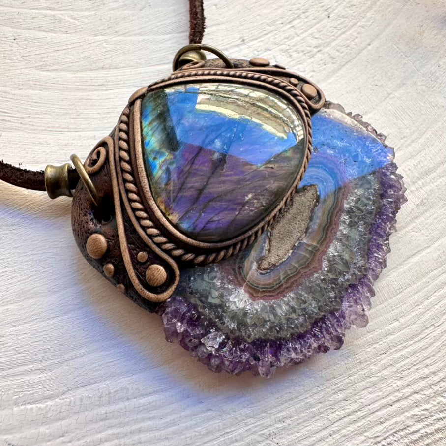 Amethyst Stalactite pendant paired with iridescent Purple Labradorite