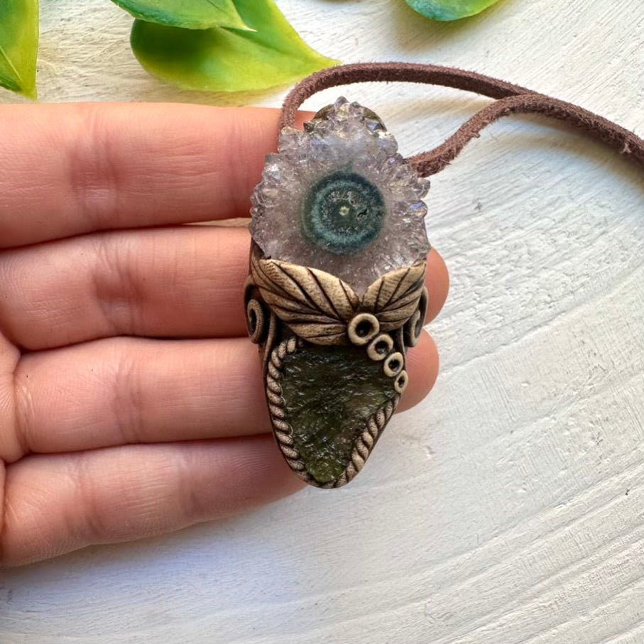 Amethyst Stalactite and Moldavite Necklace, Natural Crystal Jewelry - FairyGardenGlow