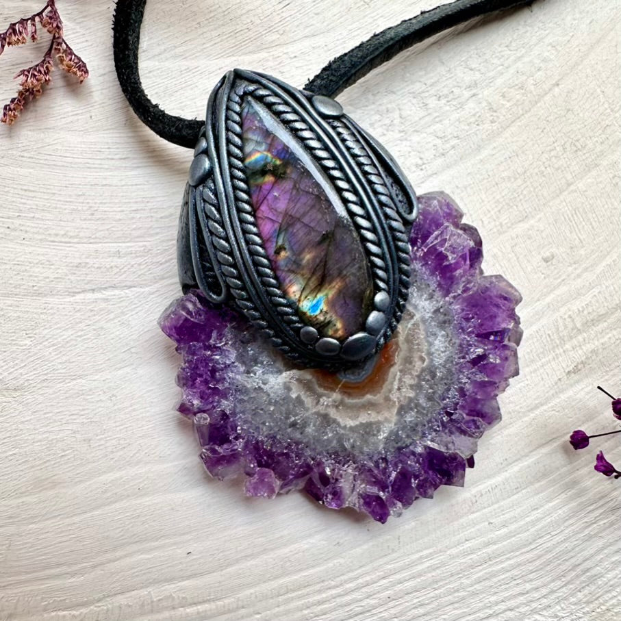 Amethyst Stalactite slice paired with iridescent Purple Labradorite pendant